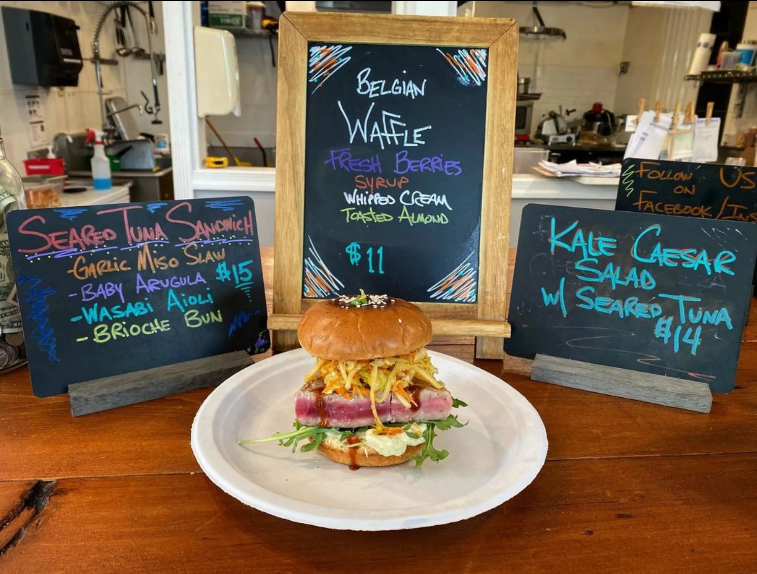 A seared tuna sandwich and Belgian waffle menu at the cafe