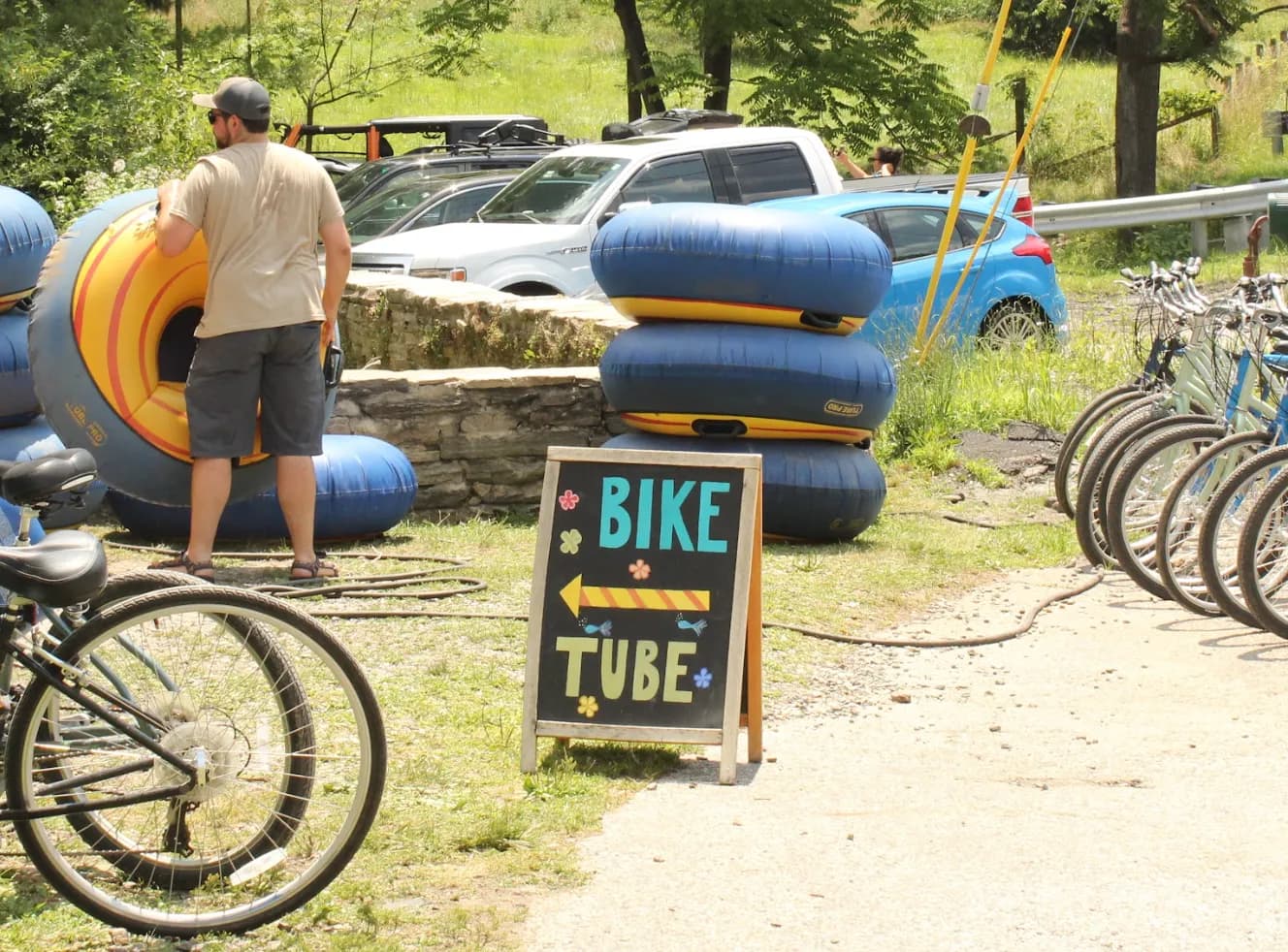 Bikes and tubes for rent at the Monkton Hotel, with a Bike & Tube sign
